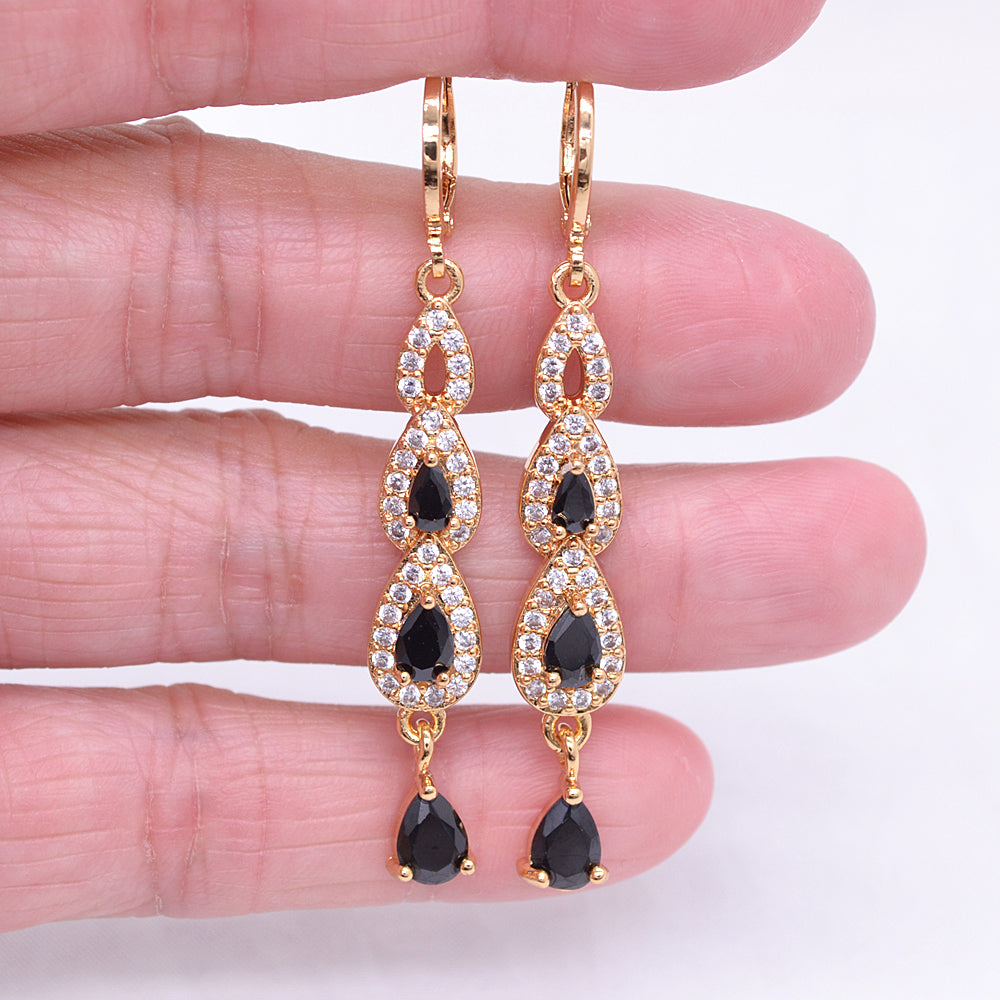 Wholesale Gold Plated Women Lake Blue Zircon CZ Long Teardrop Dangle Earrings Jewelry