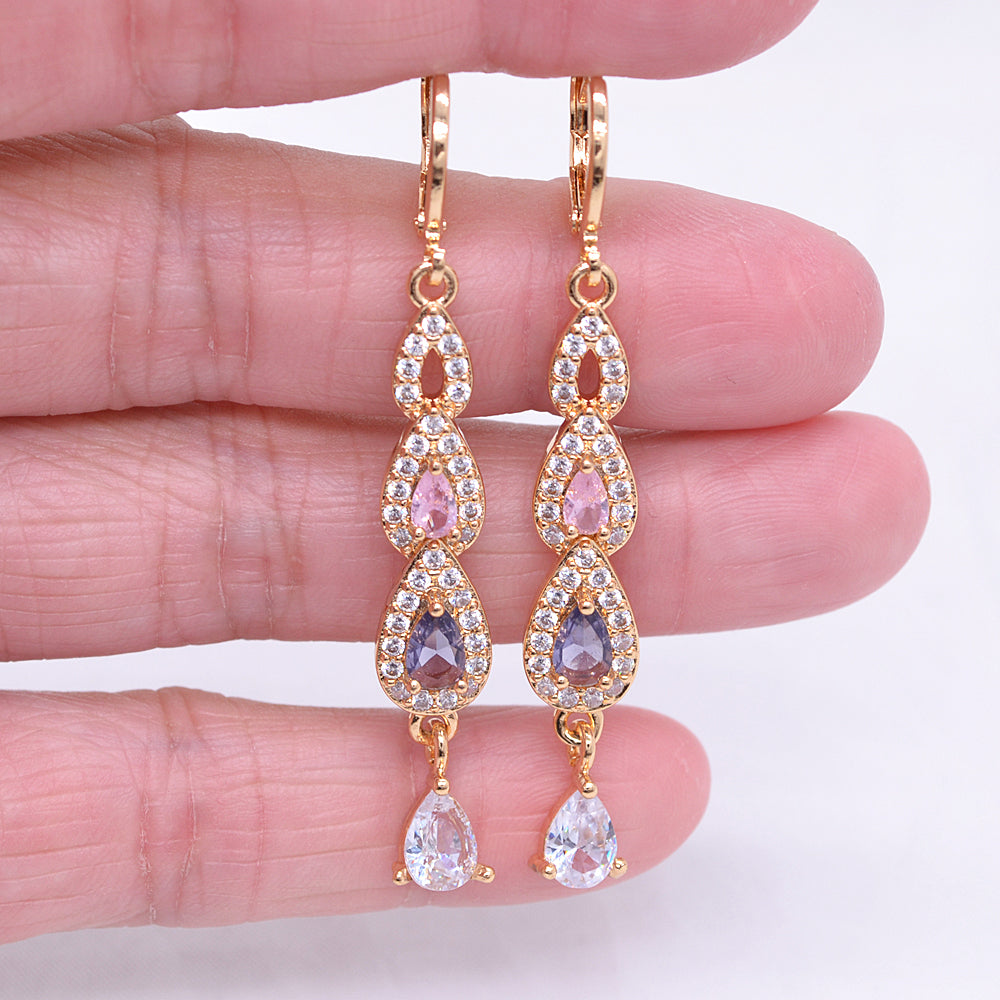 Wholesale Gold Plated Women Lake Blue Zircon CZ Long Teardrop Dangle Earrings Jewelry