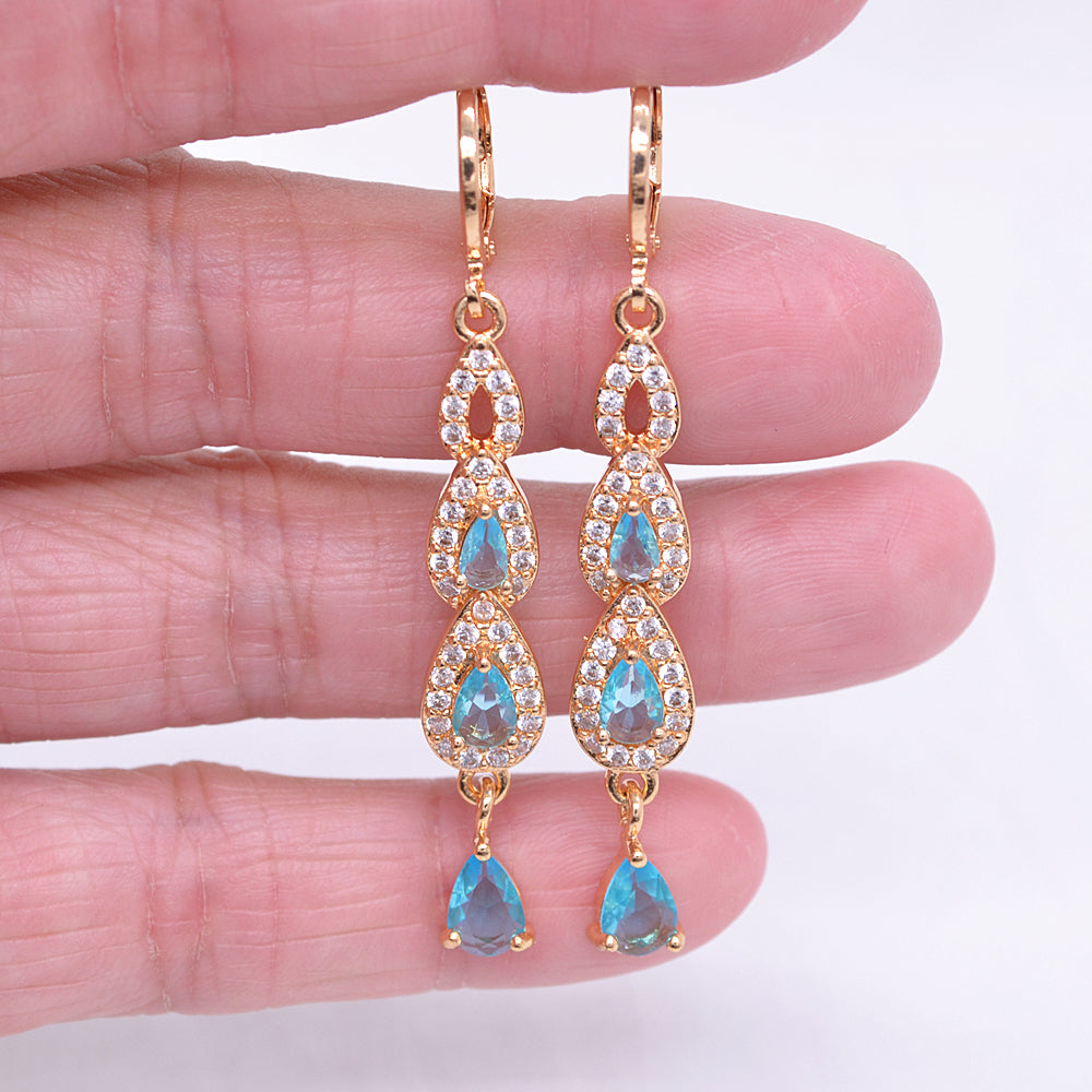 Wholesale Gold Plated Women Lake Blue Zircon CZ Long Teardrop Dangle Earrings Jewelry