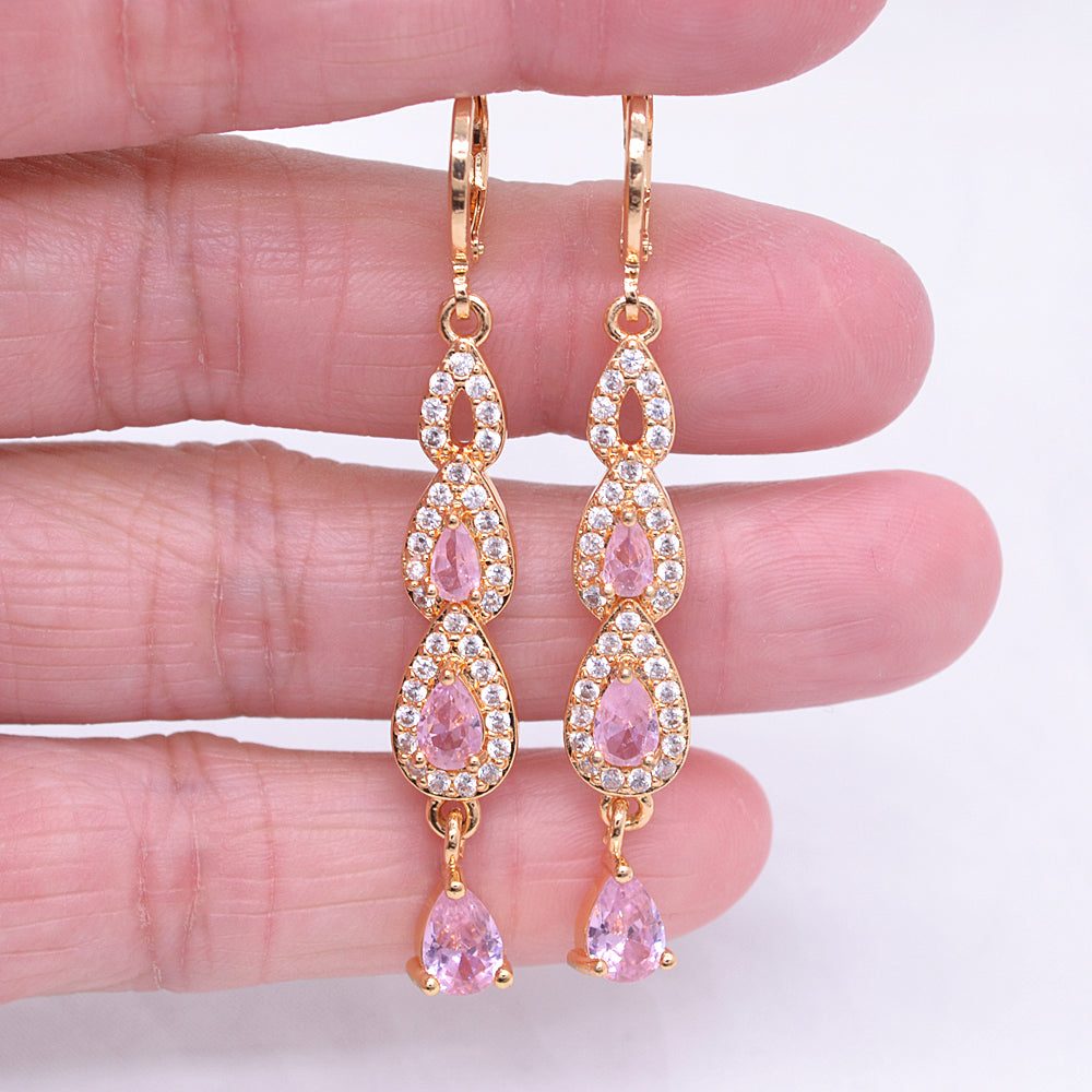Wholesale Gold Plated Women Lake Blue Zircon CZ Long Teardrop Dangle Earrings Jewelry