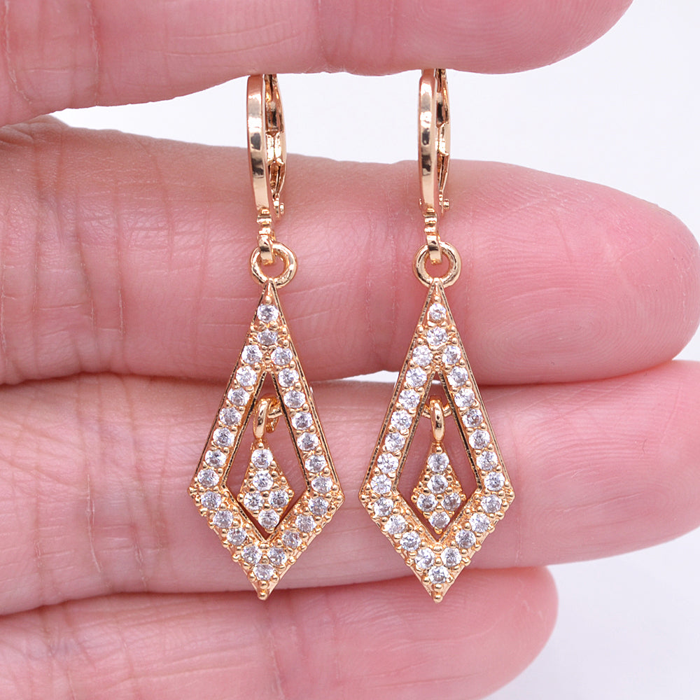Wholesale Gold Plated Women Clear Zircon CZ Lozenge Dangle Earrings Jewelry