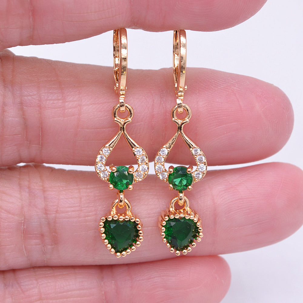 Wholesale Gold Plated Women Green Zircon CZ Heart Dangle Earrings Jewelry