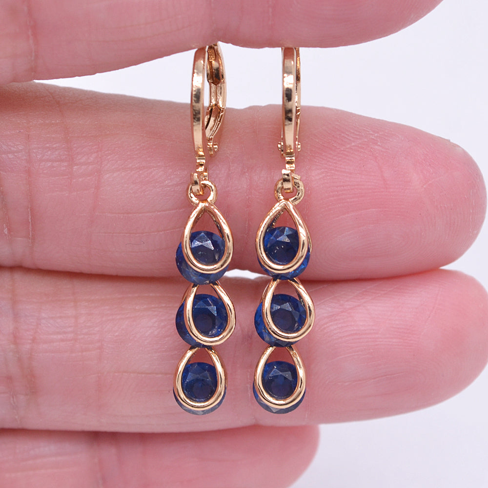 Wholesale Gold Plated Women Fashion Blue Zircon CZ Teardrop Dangle Earrings Jewelry