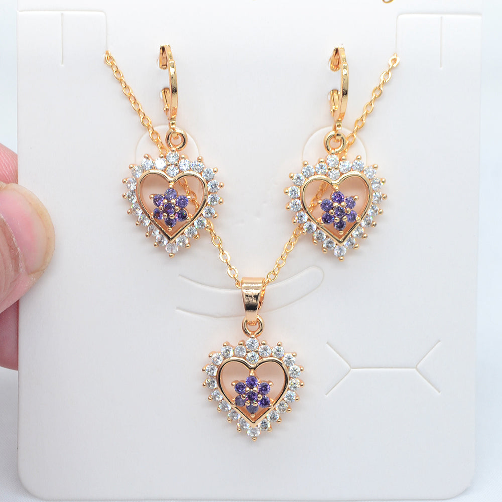 Wholesale Gold Plated Women Rose Red Zircon CZ Love Hearts Wedding Jewelry Set
