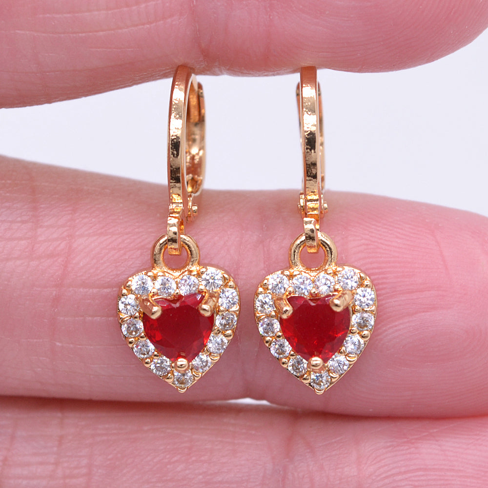 Wholesale Gold Plated Women Red Zircon CZ Small Cute Heart Dangle Earrings Jewelry