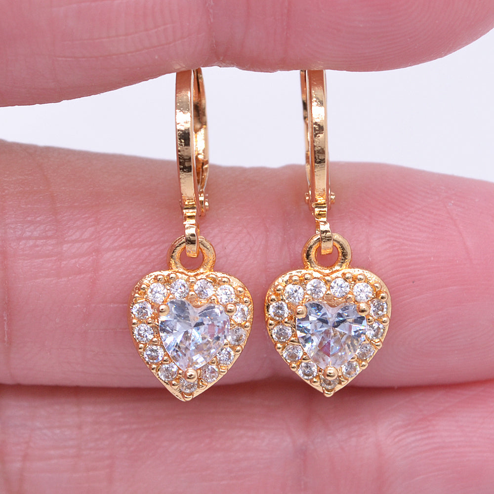 Wholesale Gold Plated Women Red Zircon CZ Small Cute Heart Dangle Earrings Jewelry