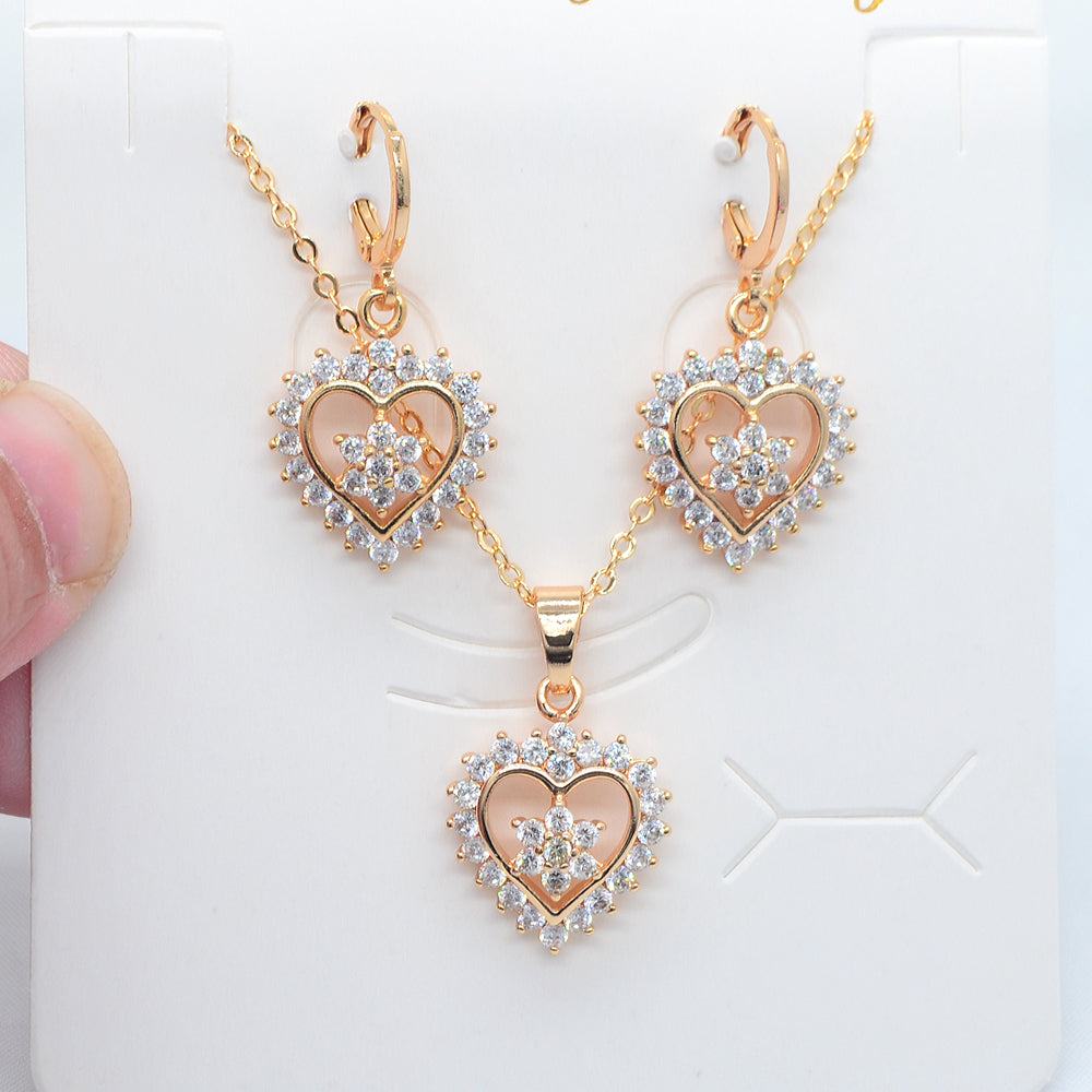 Wholesale Gold Plated Women Rose Red Zircon CZ Love Hearts Wedding Jewelry Set