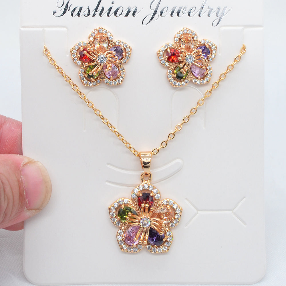 Wholesale Gold Plated Women Multicolor Zircon CZ Flower Jewelry Set