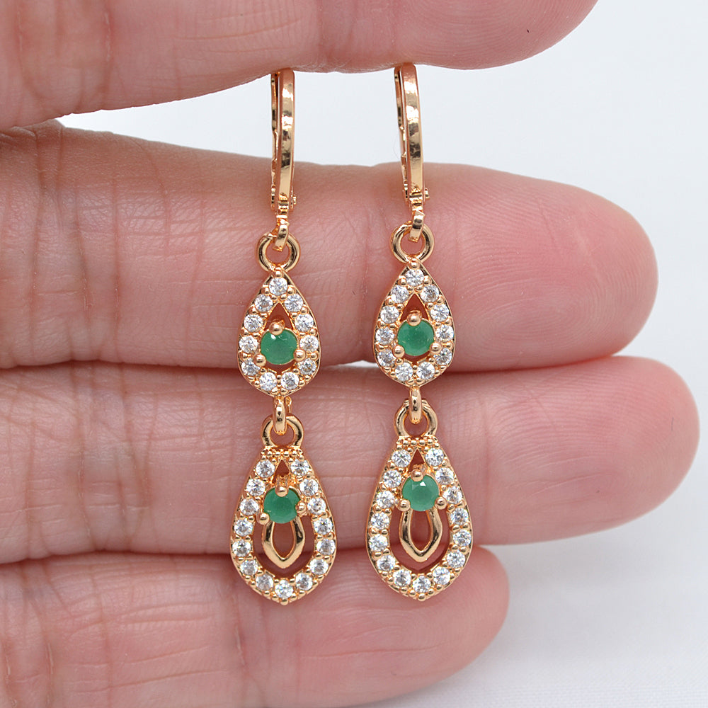 Wholesale Gold Plated Women Trendy Green Zircon CZ Teardrop Dangle Earrings Jewelry