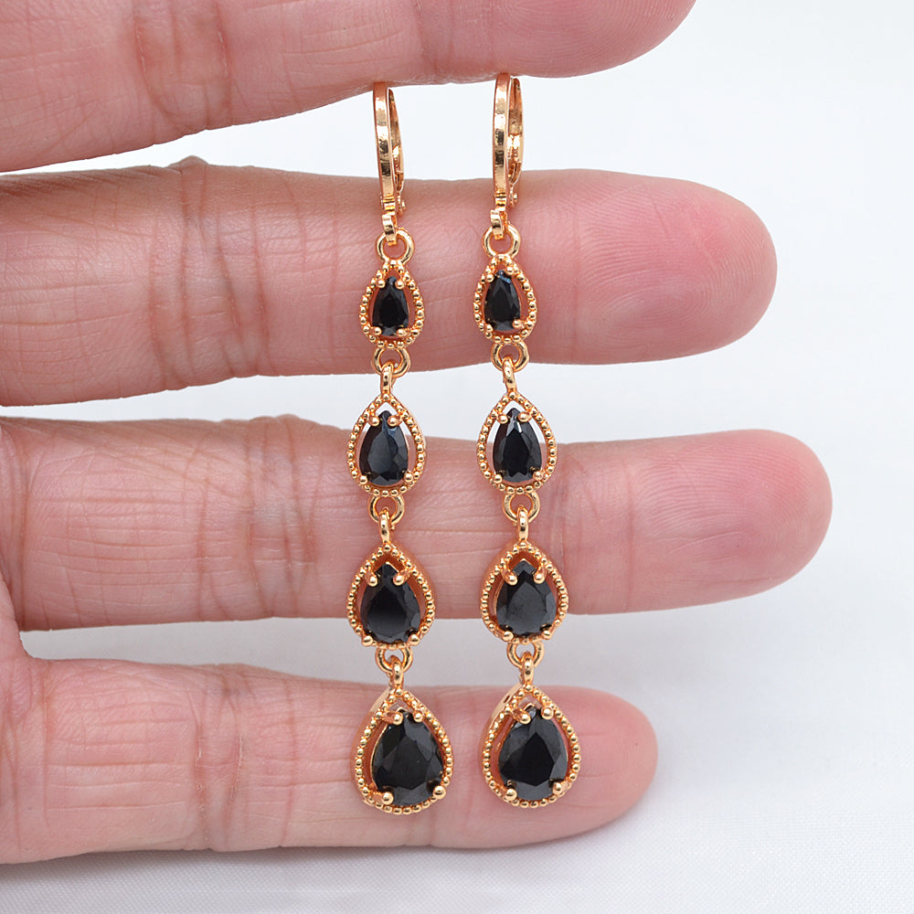 Wholesale Gold Plated Women Fashion Green Zircon CZ Long Teardrop Earrings Jewelry