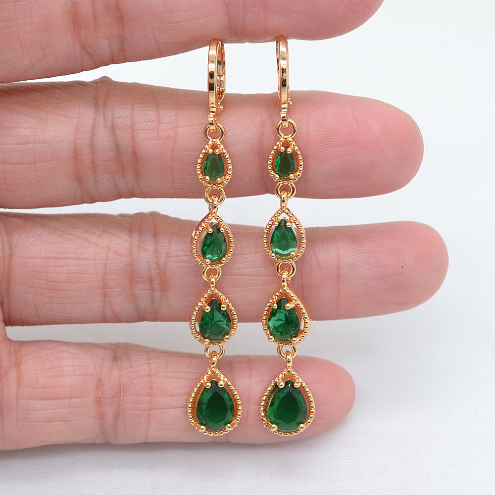 Wholesale Gold Plated Women Fashion Green Zircon CZ Long Teardrop Earrings Jewelry