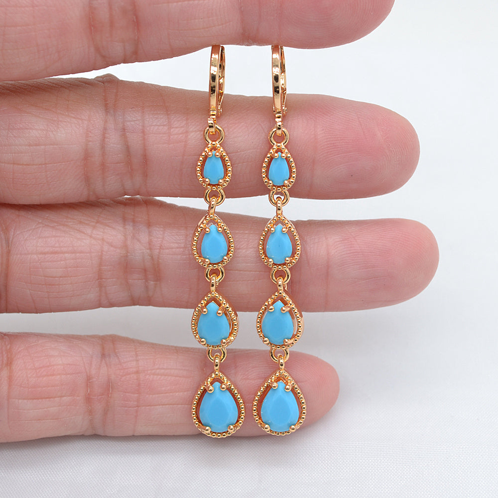 Wholesale Gold Plated Women Fashion Green Zircon CZ Long Teardrop Earrings Jewelry
