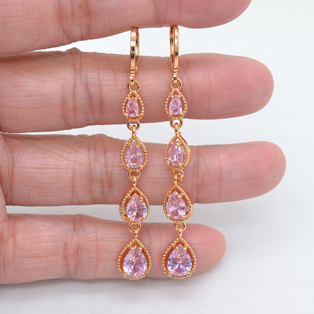 Wholesale Gold Plated Women Fashion Green Zircon CZ Long Teardrop Earrings Jewelry