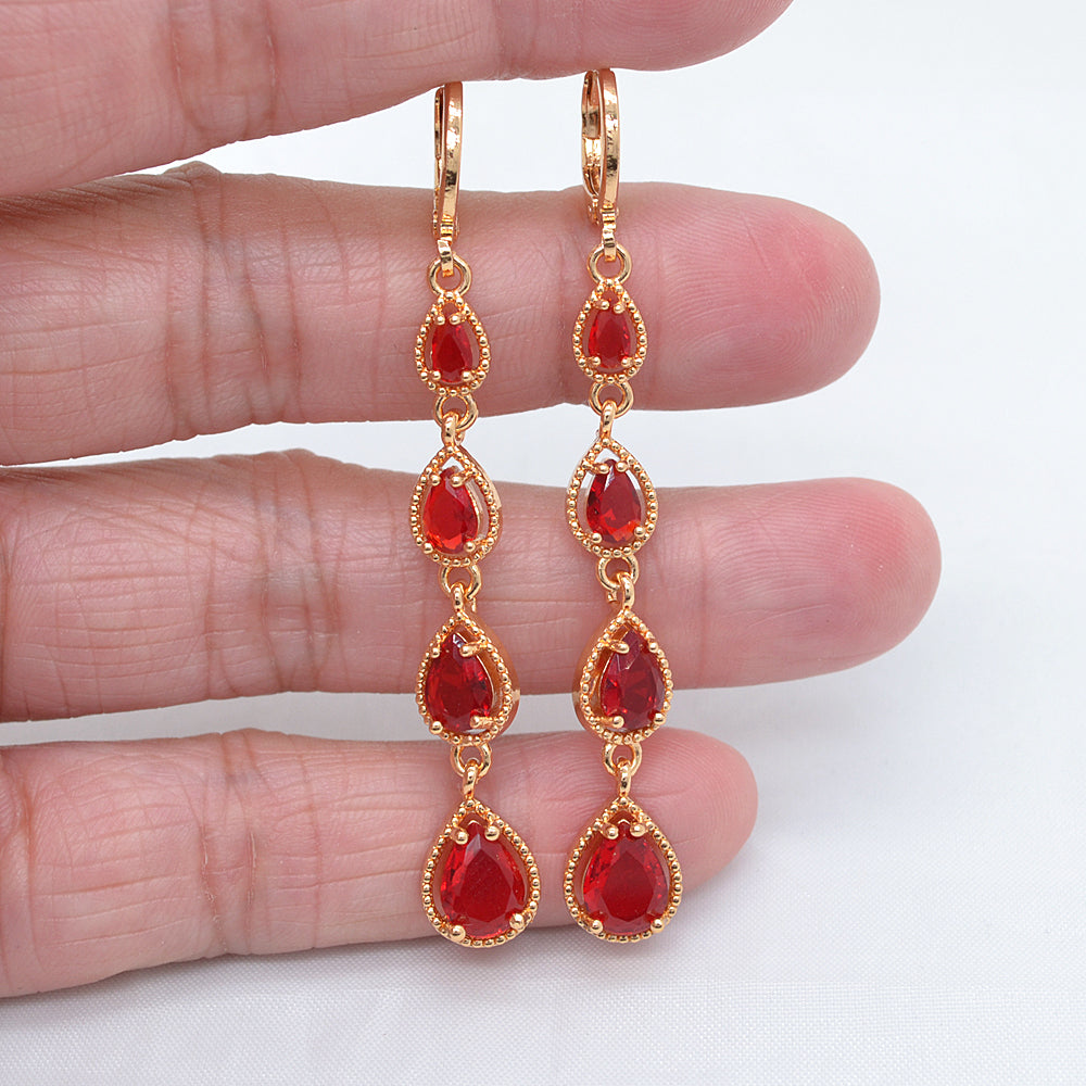 Wholesale Gold Plated Women Fashion Green Zircon CZ Long Teardrop Earrings Jewelry