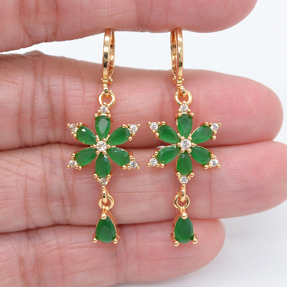 Wholesale Gold Plated Women Green Zircon CZ Flower Dangle Earrings Jewelry