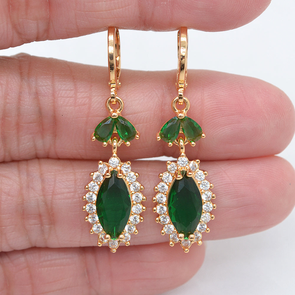 Wholesale Gold Plated Women Fashion Green Zircon CZ Teardrop Dangle Earrings Jewelry