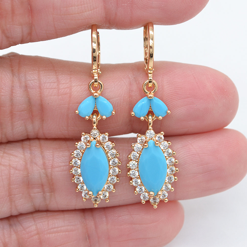 Wholesale Gold Plated Women Fashion Green Zircon CZ Teardrop Dangle Earrings Jewelry