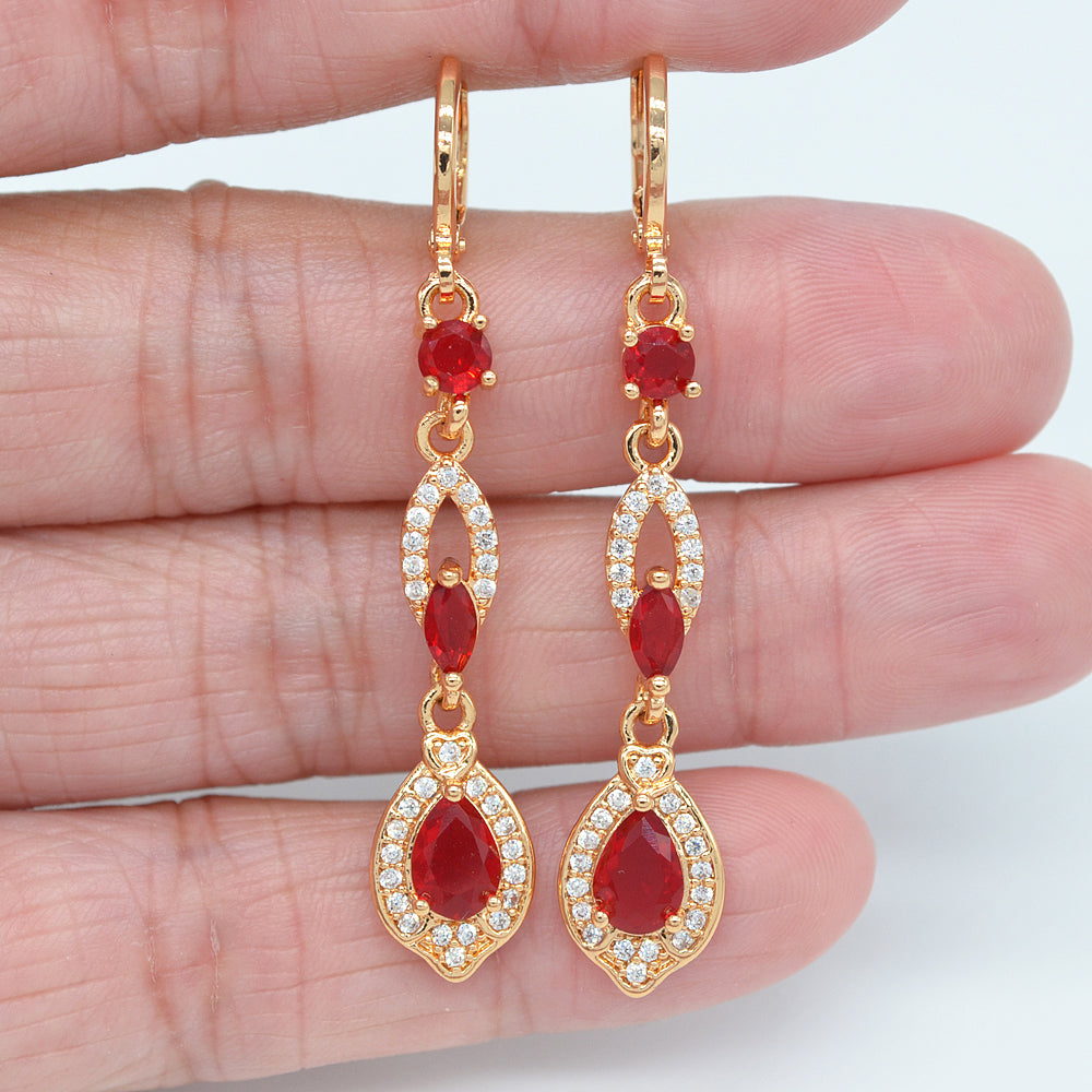 Wholesale Gold Plated Women Red Zircon CZ Teardrop Dangle Earrings Jewelry