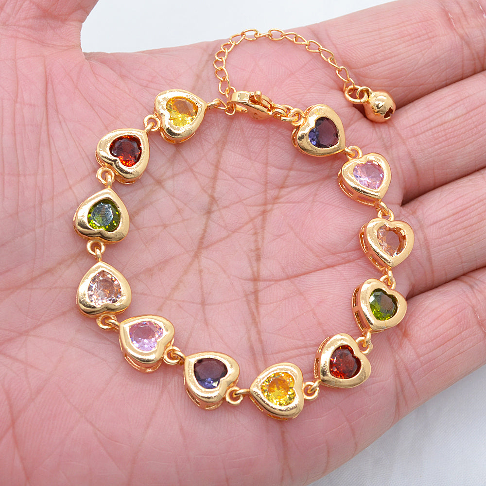 Wholesale Gold Plated Women Multicolor Zircon CZ Love Hearts Link Bracelet Jewelry