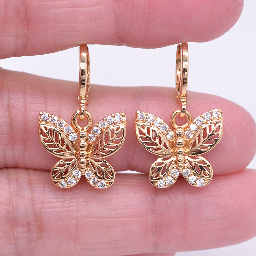 Wholesale Gold Plated Women Clear Zircon CZ Exquise Butterfly Dangle Earrings Jewelry