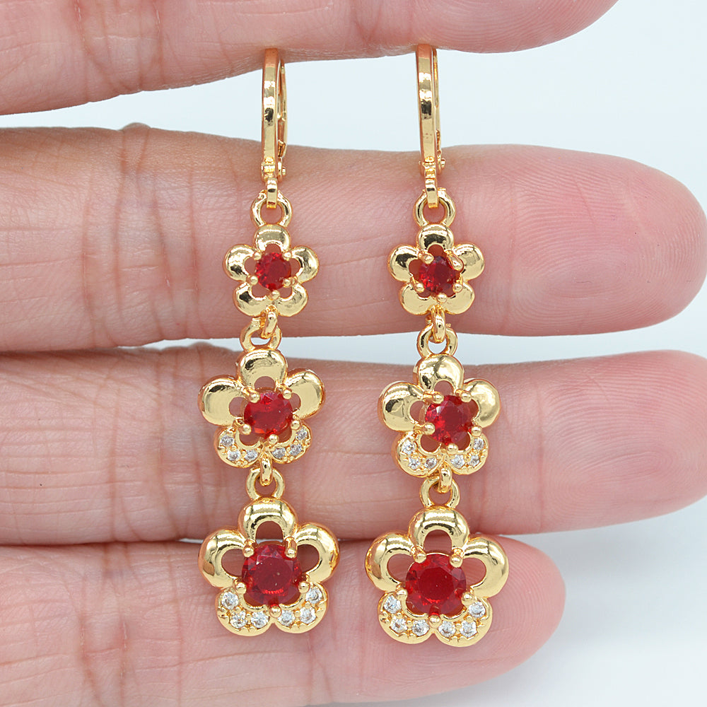 Wholesale Gold Plated Women Red Zircon CZ Flower Wedding Earrings Jewelry