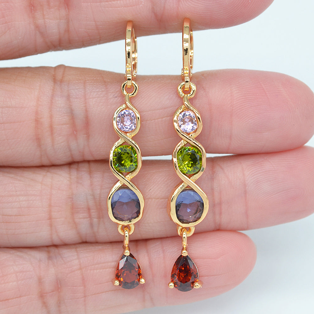 Wholesale Gold Plated Women Multicolor Zircon CZ Long Dangle Earrings Jewelry