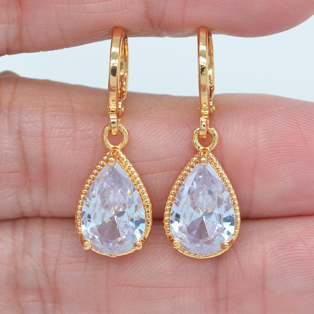 Wholesale Gold Plated Women Clear Zircon CZ Teardrop Dangle Earrings Jewelry