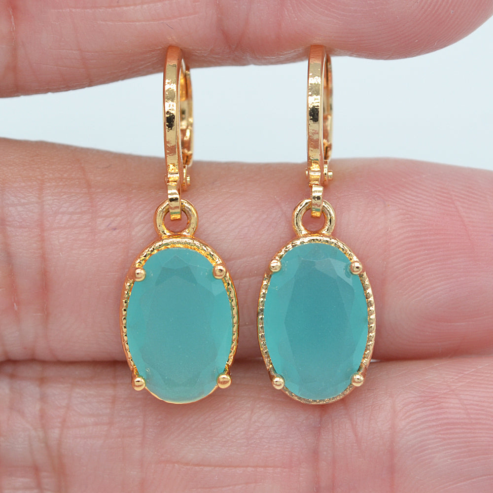 Wholesale Gold Plated Women Oval Jade Green Zircon CZ Dangle Earrings Jewelry
