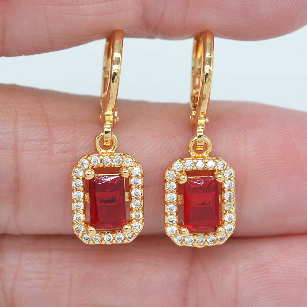 Wholesale Gold Plated Women Red Zircon CZ Cushion Dangle Earrings Jewelry