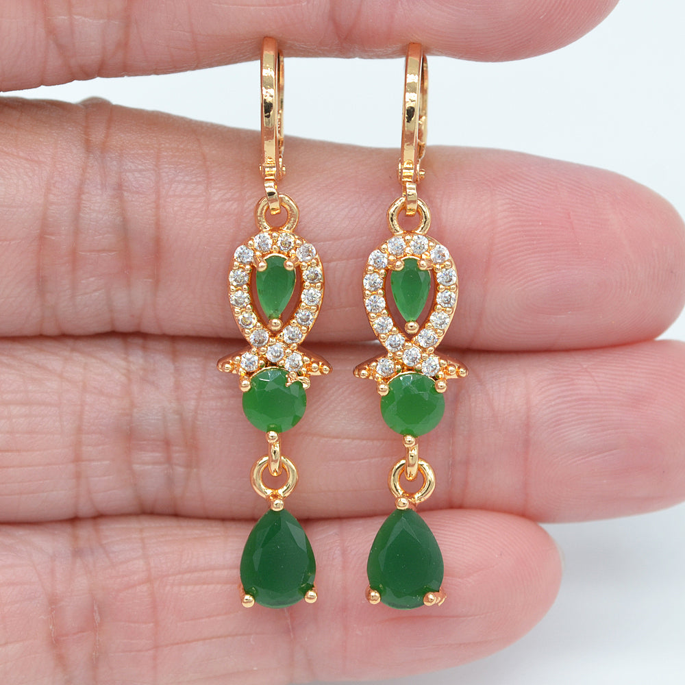 Wholesale Gold Plated Women Green Zircon CZ Elegant Teardrop Dangle Earrings Jewelry