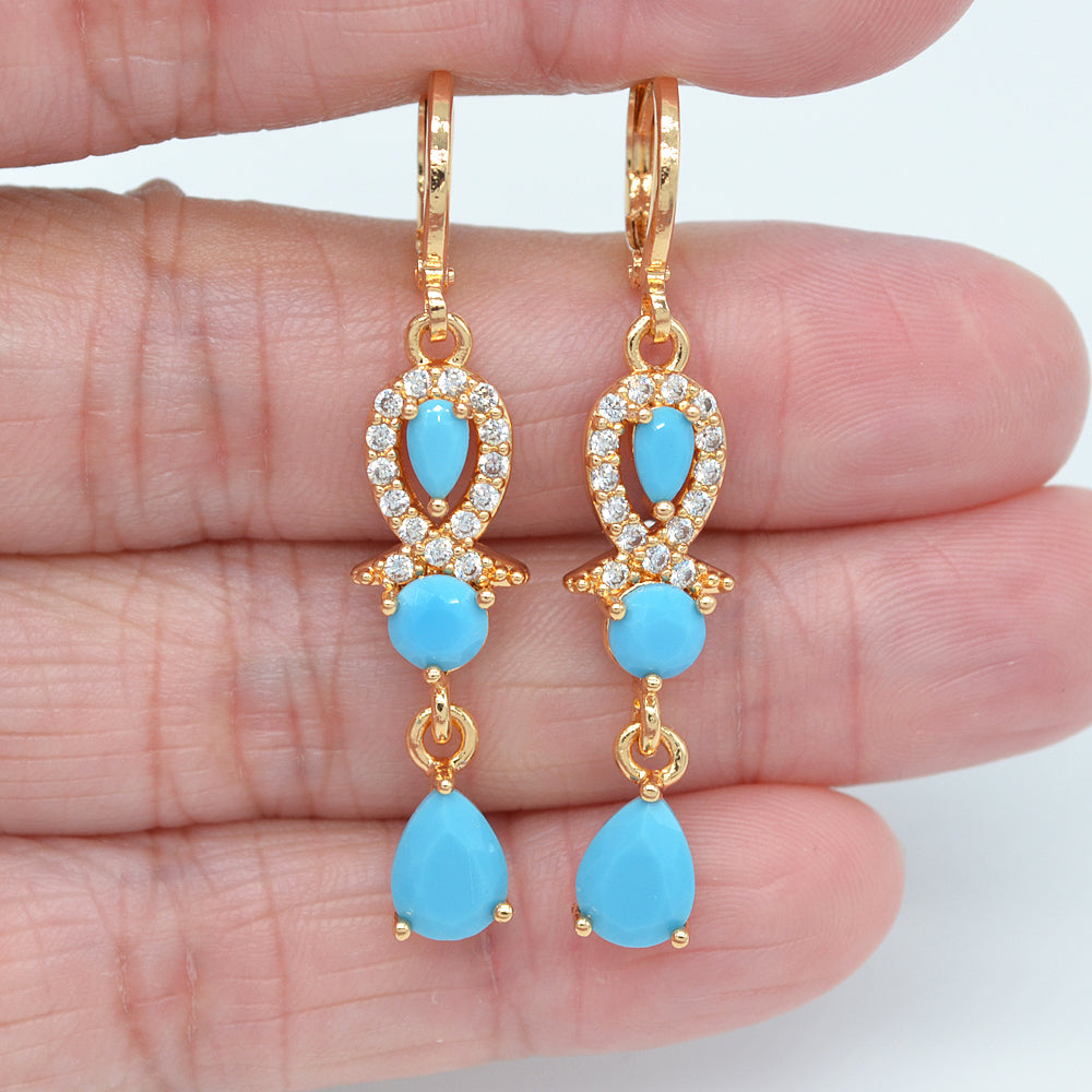 Wholesale Gold Plated Women Green Zircon CZ Elegant Teardrop Dangle Earrings Jewelry