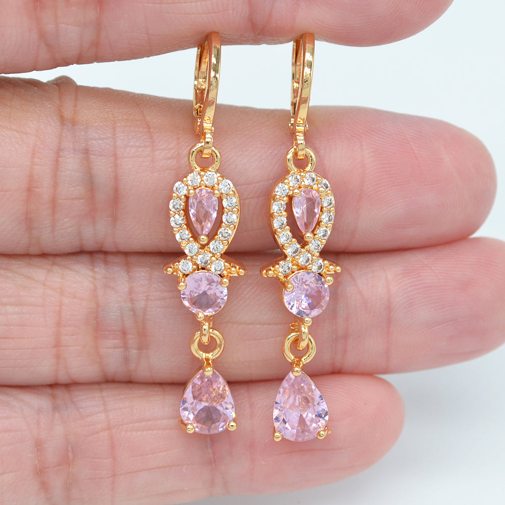 Wholesale Gold Plated Women Green Zircon CZ Elegant Teardrop Dangle Earrings Jewelry