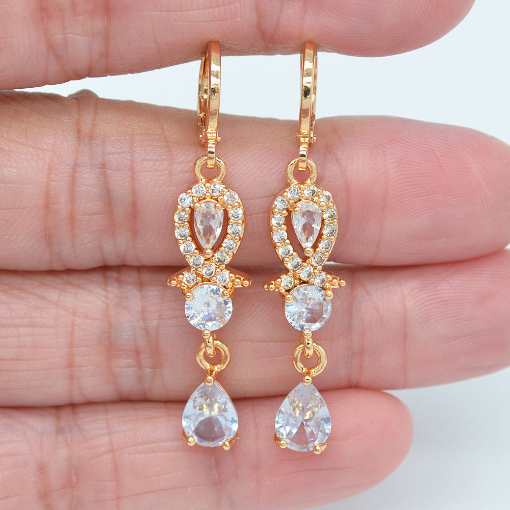 Wholesale Gold Plated Women Green Zircon CZ Elegant Teardrop Dangle Earrings Jewelry