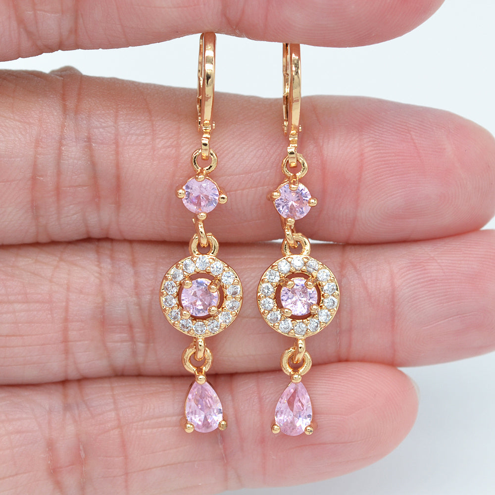 Wholesale Gold Plated Women Fashion Pink Zircon CZ Dangle Earrings Jewelry