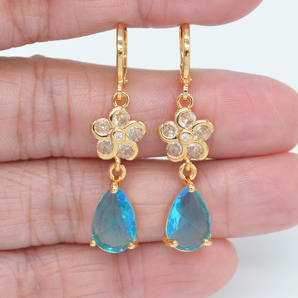 Wholesale Gold Plated Women Lake Blue Zircon Teardrop Dangle Earrings Jewelry