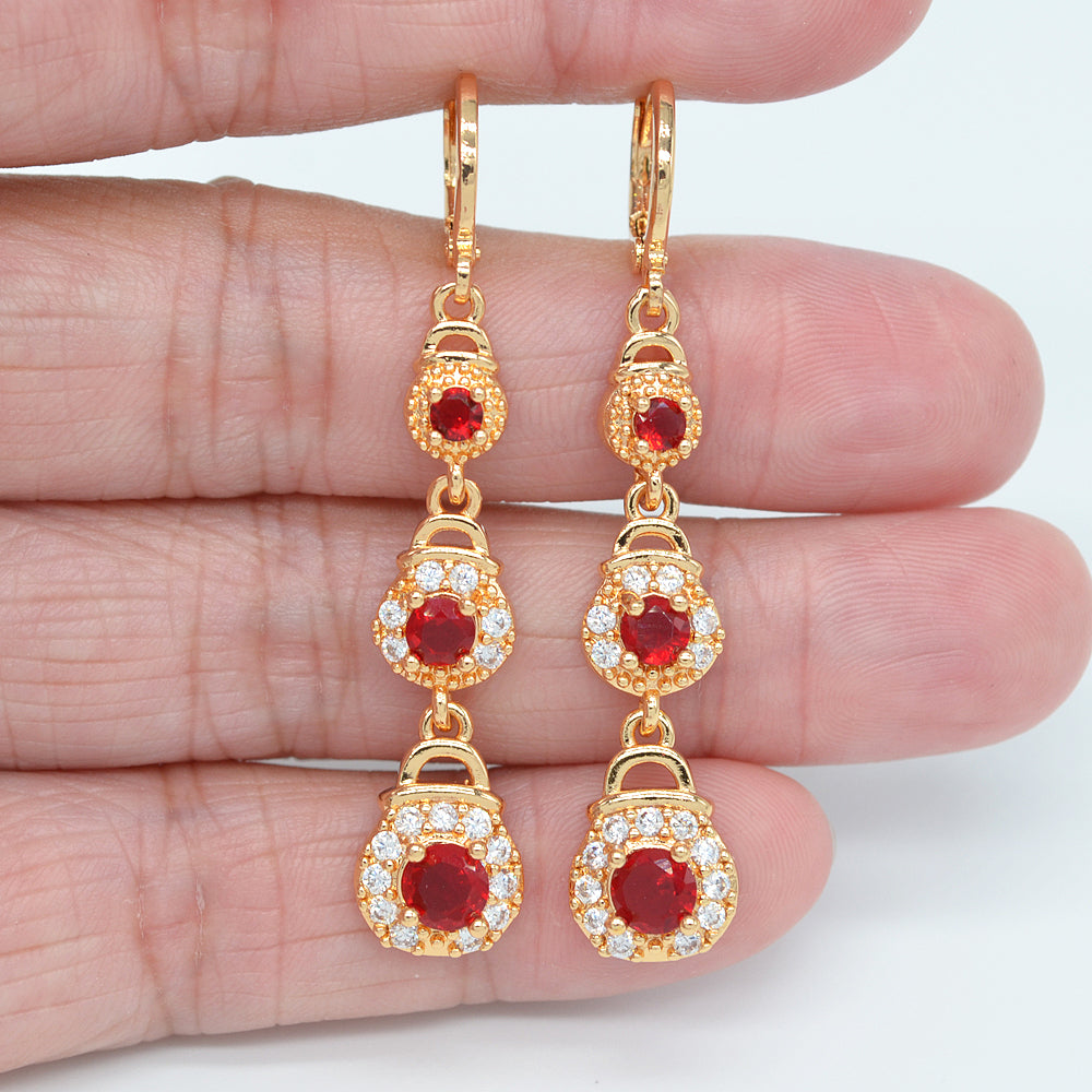Wholesale Gold Plated Women Red Zircon CZ Round Drop Earrings Jewelry