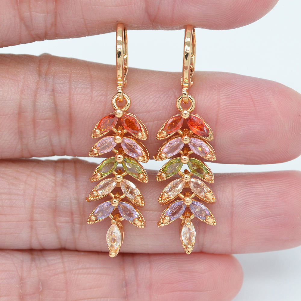 Wholesale Gold Plated Women Rainbow Zircon CZ Leaf Leaves Dangle Earrings Jewelry