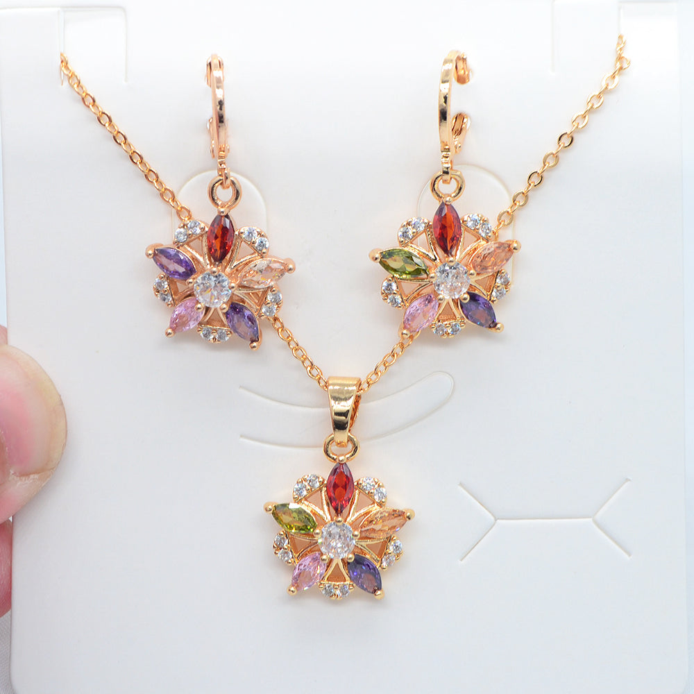 Wholesale Gold Plated Women Multicolor Zircon CZ Flower Engagement Jewelry Set