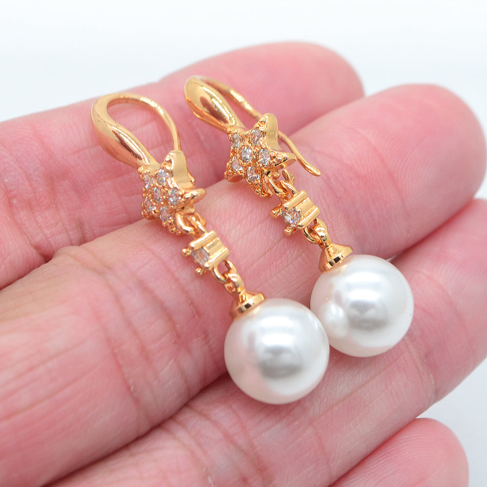 Wholesale Gold Plated Women Clear Zircon White Round Pearl Dangle Earrings Jewelry