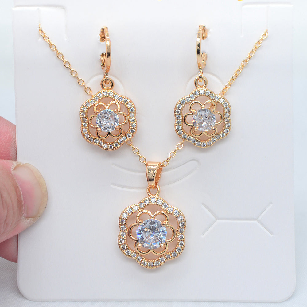 Wholesale Gold Plated Women Fashion Green Zircon CZ Flower Jewelry Set
