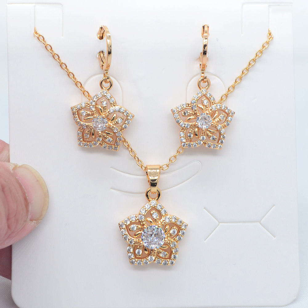 Wholesale Gold Plated Women Fashion Red Zircon CZ Flower Jewelry Set for Wedding