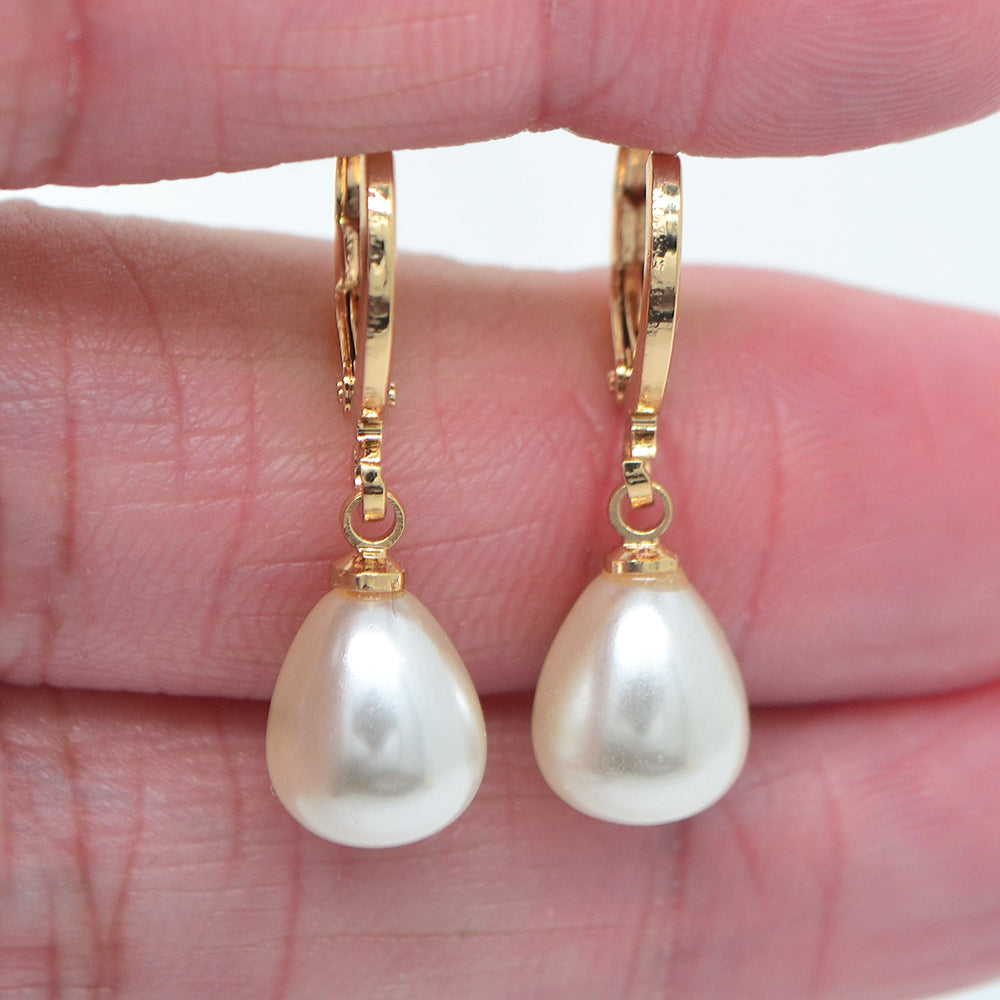 Wholesale Gold Plated Women Fashion White Teardrop Pearl Dangle Earrings Jewelry