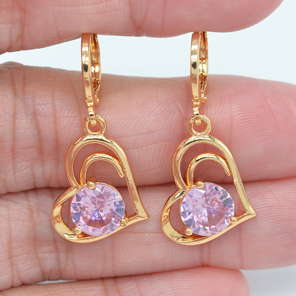 Wholesale Gold Plated Women Green Zircon CZ Love Heart Dangle Earrings Jewelry
