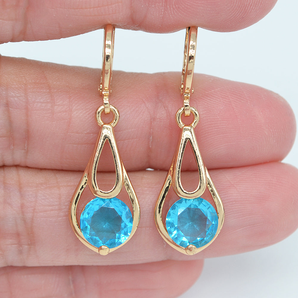 Wholesale Gold Plated Women Lake Blue Zircon CZ Teardrop Dangle Earrings Jewelry