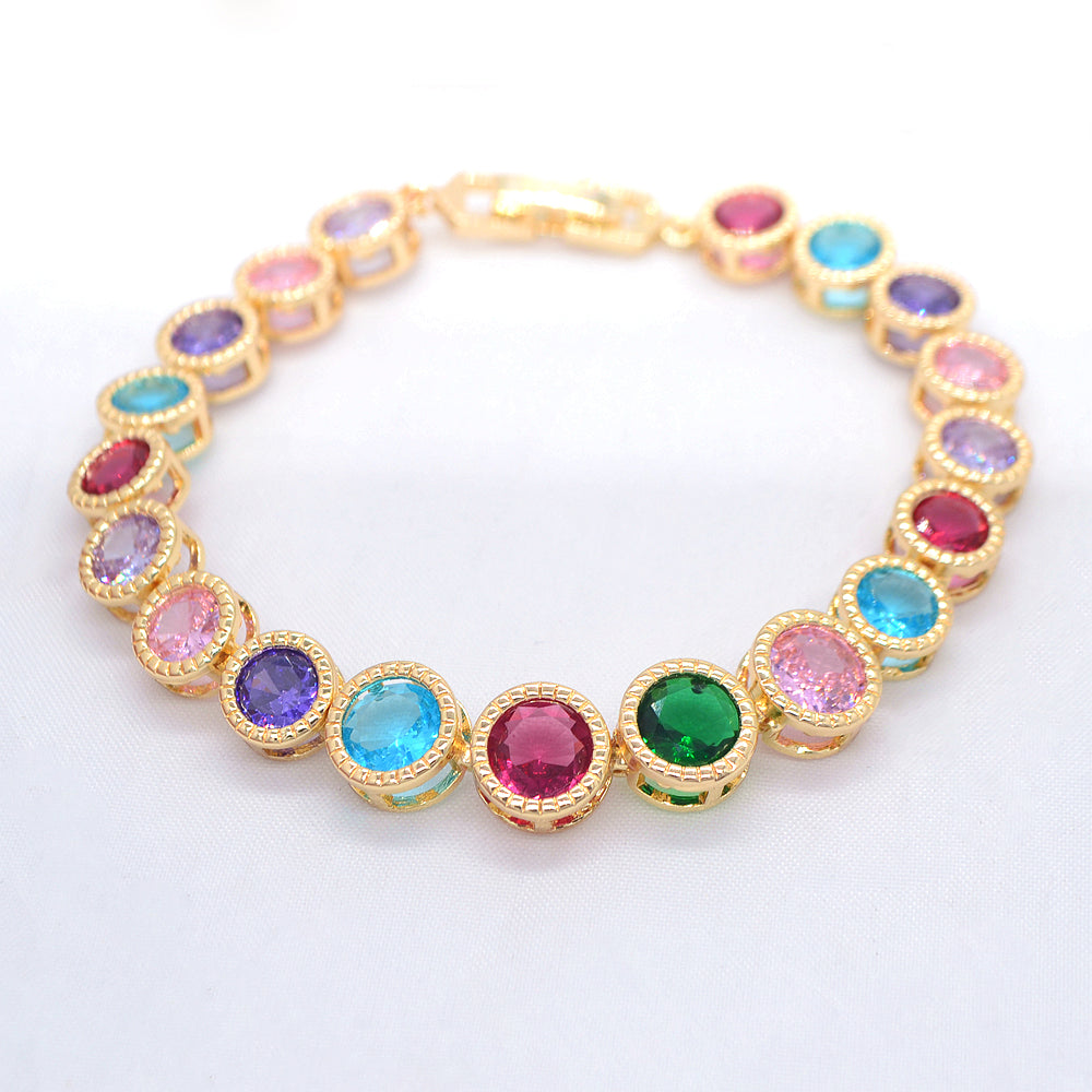Wholesale Gold Plated Women Luxury Multicolor Zircon CZ Round Charm Bracelet Jewelry