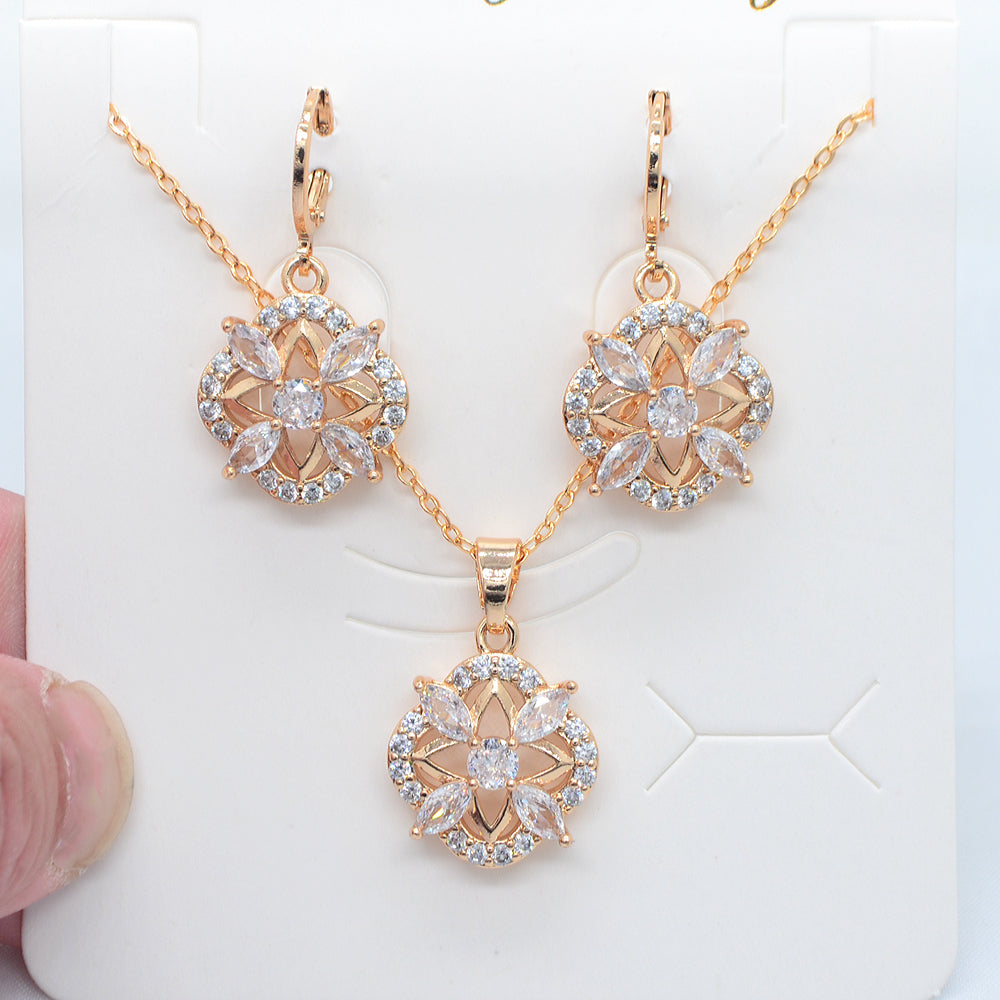 Wholesale Gold Plated Women Multicolor Zircon CZ Flower Rhombus Jewelry Set