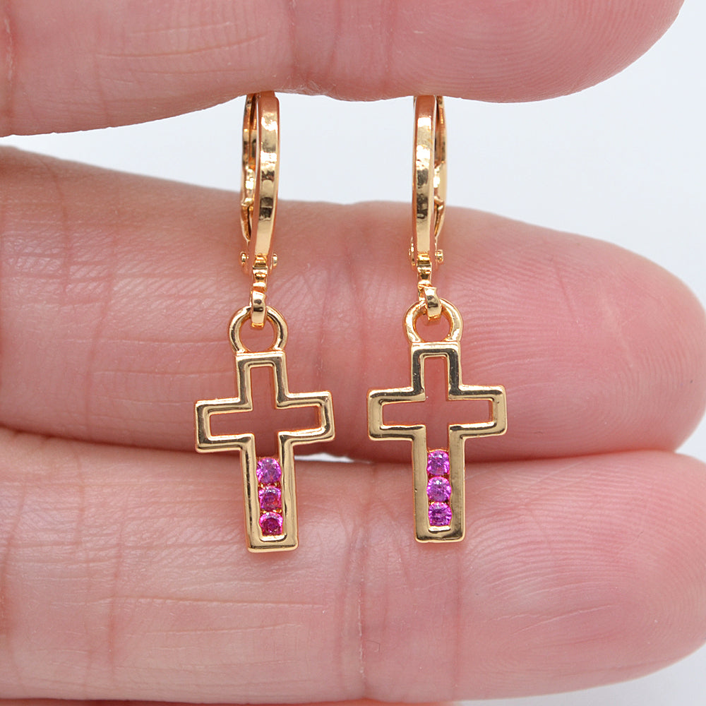 Wholesale Gold Plated Women Rose Red Zircon CZ Cross Dangle Earrings Jewelry