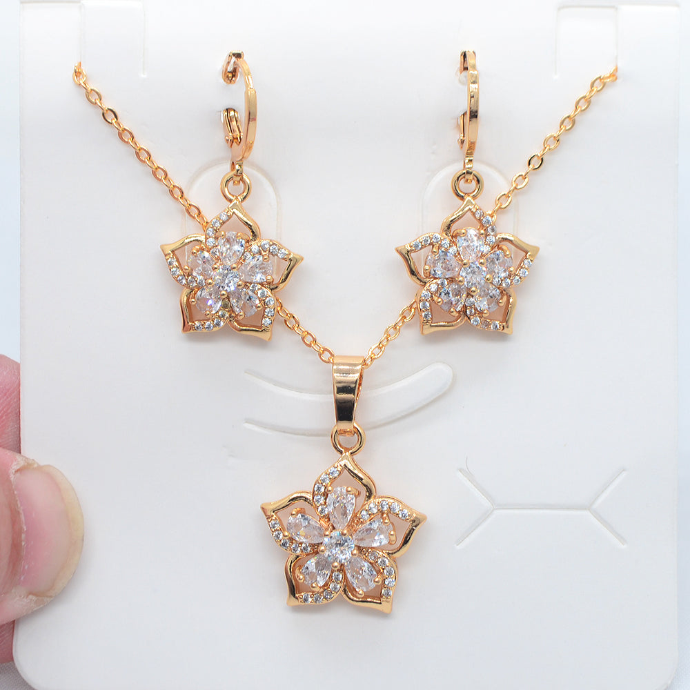 Wholesale Gold Plated Women Rainbow Zircon CZ Flower Jewelry Set for Engagement