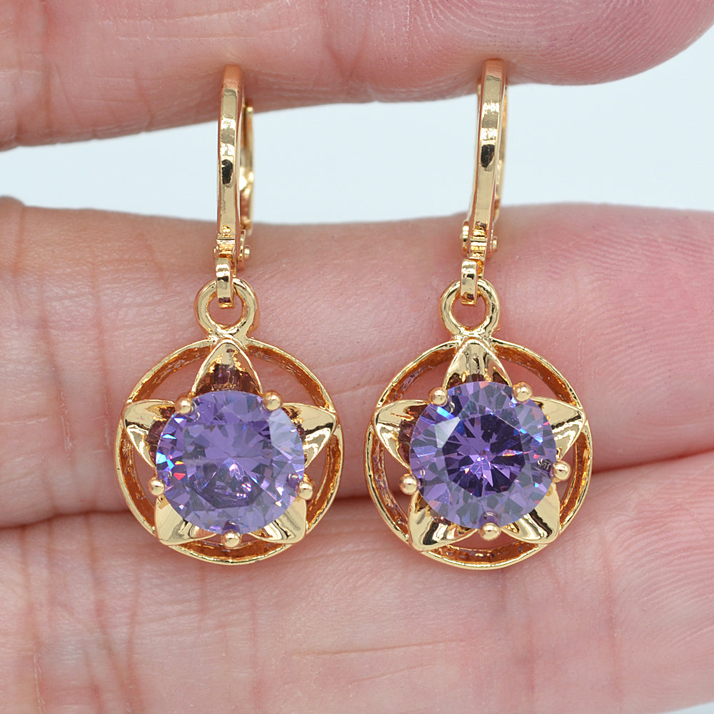 Wholesale Gold Plated Women Lovely Pink Zircon CZ Flower Dangle Earrings Jewelry