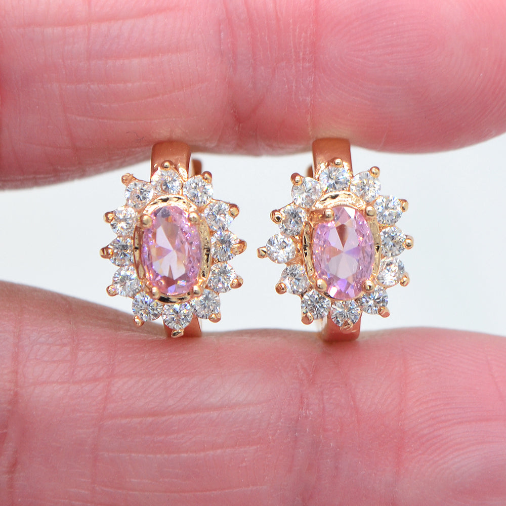 Wholesale Gold Plated Women Green Zircon CZ Halo Oval Flower Huggie Earrings Jewelry